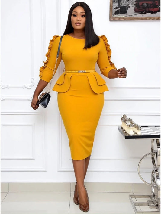 3XL Big Size Spring Autumn Woman Elegant Office Midi Dresses Ladies Bodycon O-Neck Female Fashion Sexy Work Pencil Dress Women Plus Size Clothing - Women Work Dress