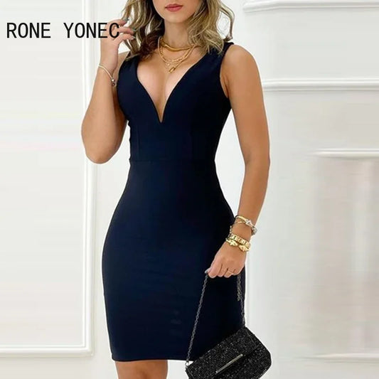 Woman Solid Sexy Deep V Neck Tank Bodycon Backless Small Silt Mini Sexy Working Dresses Women Tees - Women Dress For Work - Women Short