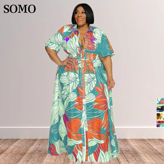 Summer Woman Plus Size Clothing Short Sleeve Fashion Print Maxi Dresses Lapel Button Long Dress Wholesale Dropshipping Women Lounge - Women Plus Size Clothing