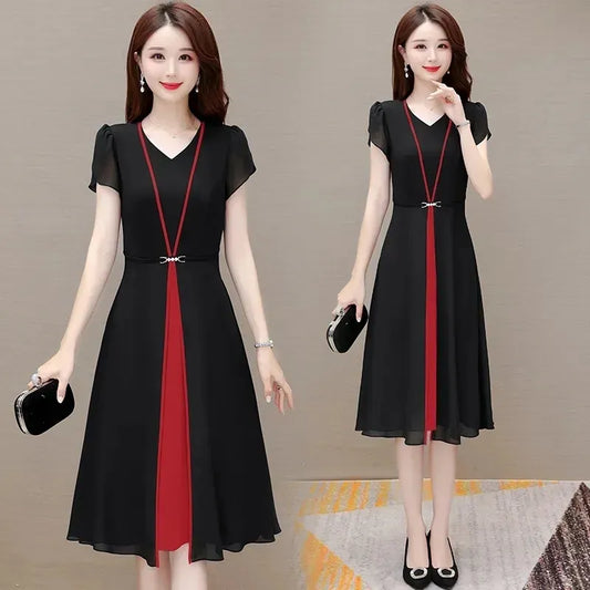 Chiffon V-neck Dress Female New Summer Fashion Atmosphere is Slim Contrast Stitching Temperament Short Sleeve Split Women Dress For Work - Women Tops