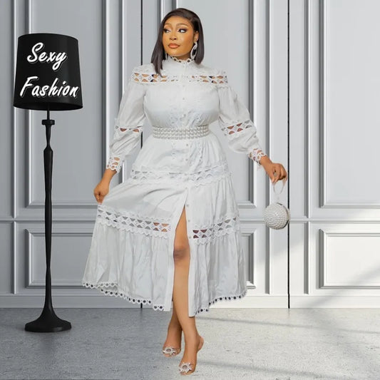 L-5XL Summer Plus Size Dresses Women Clothing Solid Patchwork Vintage Hollow Split Sexy Elegant Long Dress Women Plus Size Clothing