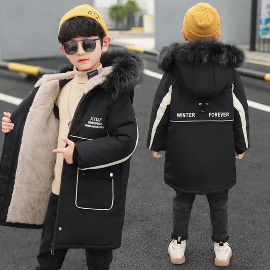 3 -14 Years Very Keep Warm Winter Teenager Mid-Length Plus Velvet Thick Fur collar hooded Cotton Coat For Kids Boy Jacket - Girl Jacket