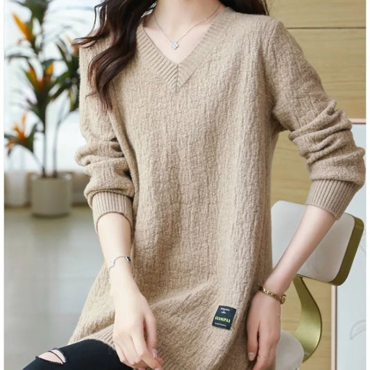 Women's Pullover Solid V-Neck Mid Length Sweater Loose Plus Size Autumn and Winter Female Clothing Fashion Long Sleeve Knit Tops