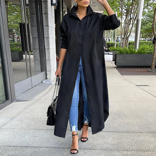Women Shirt Windproof Shirt Dress Versatile Hem Stylish Autumn Winter Solid Color Shirt Long Dress