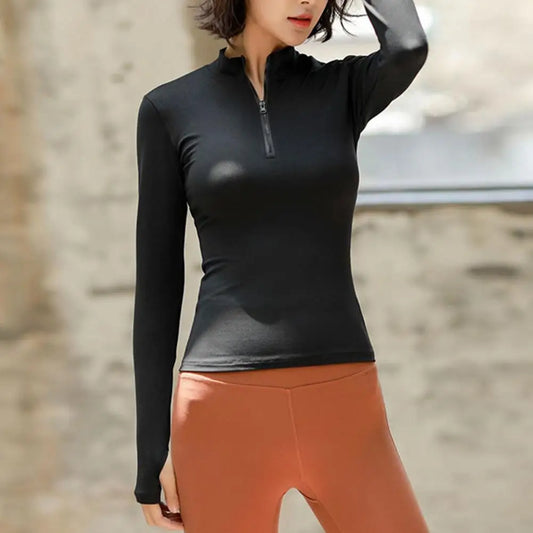 Solid Color Stretchy Long Sleeve Women's Sports Top with Zipper Stand Collar Sweat Absorption for Sportswear Athletic Clothing