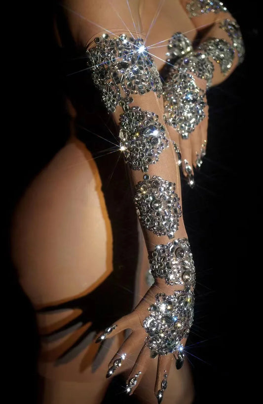 Sparkly Rhinestones Transparent Mesh Gloves Women Wedding Prom Evening Party Crystal Long Mittens Singer Stage Accessories - Women Jewellery - Women Accessory