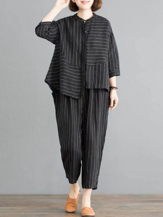 2 Piece Sets Women Casual Pants Suits New Arrival Summer Vintage Style Loose Striped Female Shirts And Harem Pants Women Suiting & Blazers