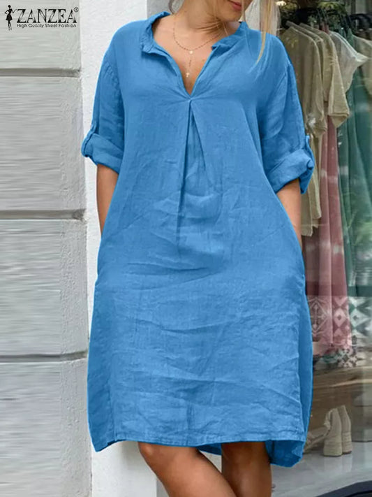 ZANZEA Autumn Lapel Neck Long Sleeve Casual Cotton Dress Women Elegant Office Work Sundress Robe Femme Shirt Vestido Kaftan Women Dress For Work