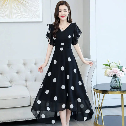 Summer Fashion Chiffon Women's Dot Print V-Neck Maxi Ladies Office Work Wear Elegant Plus Size Beach Vestidos Women Dress For Work - Women Prom