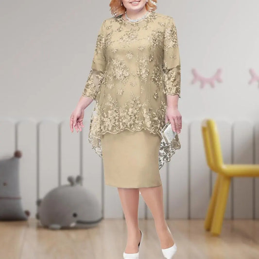 New O-neck High-Waist Plus Size Midi Dress M-5XL Elegant Embroidery Lace 3/4 Sleeve Lady Evening Dress Women Casual - Women Plus Size Clothing - Women Tees