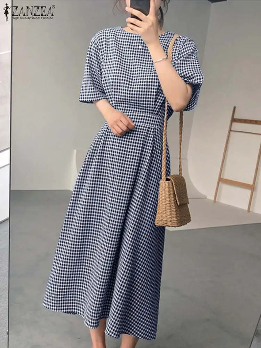 Vintage Checked Print Dresses ZANZEA Fashion Grid Plaid Sundress Woman Summer Dress Femme Half Sleeve Pleated Robe Vestidos Women Work Dress