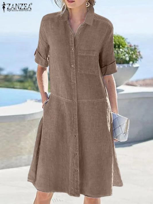 ZANZEA New Summer Dress Woman Half Sleeve Buttons Shirt Vestido Lapel Neck Work Sundress A Line Robe Loose Holiday Women Plus Size Clothing - Women Prom