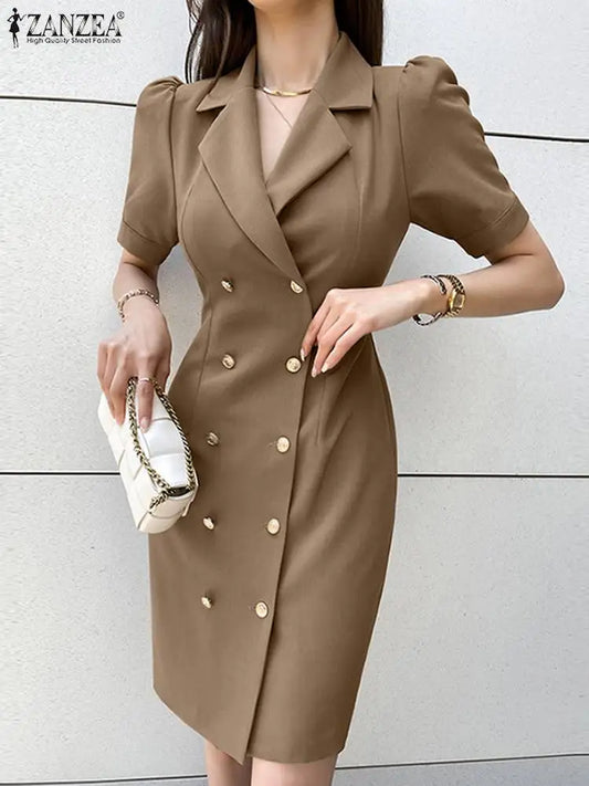 ZANZEA Elegant Slim Fit Suit Dresses Korean Fashion Woman Short Sleeve Cinched Waist Mini Summer Office Lady Short Vestido Women Dress For Work - Women Short - Women Plus Size Clothing