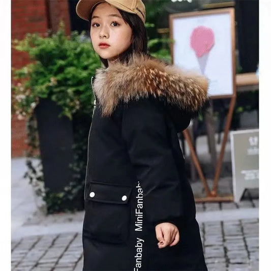 Winter Girls Long 5-12 Years Kids Hooded Fur Collar Heavy Coat Big Children Cold Weather Outerwear Parka Snowsuit girl jacket