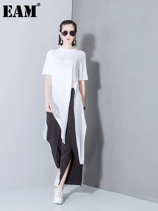 Women White Solid Color Asymmetrical Vent Long T-shirt New Round Neck Short Sleeve Fashion Tide Women Tops & Tees