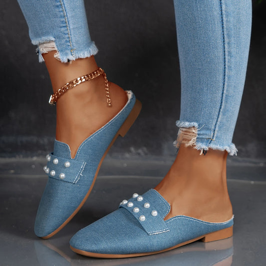 New Summer Fashion Denim Low Heels Elegant Pearl Women Shoes