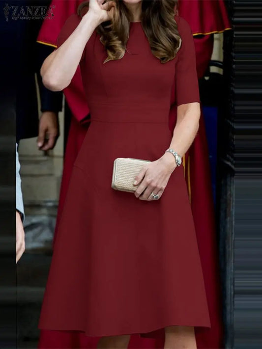 ZANZEA Elegant Woman Party A-line Dress Summer O Neck Short Sleeve Solid Knee-length Sundress Fashion Office Lady Vestido Robe - Women Casual - Women Dress For Work - Women Plus Size Clothing