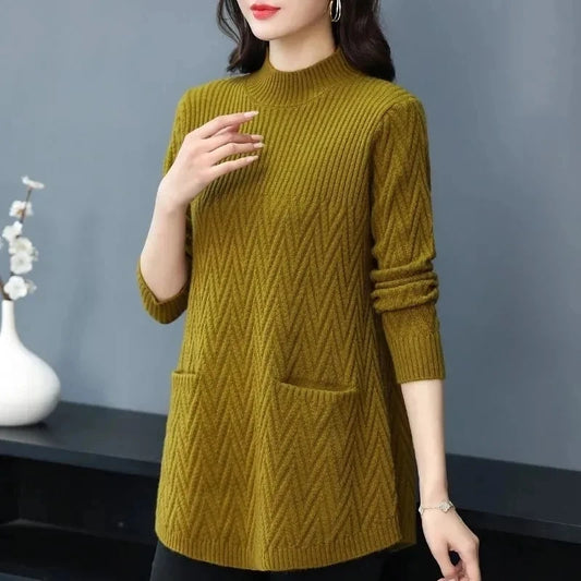 Women's Sweaters Pullover New Solid Half High Collar Thick Warm Long Knitted Sweaters Winter Women Tops & Tees
