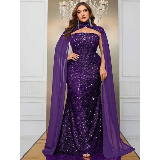 Luxurious Strapless Cape Wedding Shiny Long Evening Gown 5XL6XL Big Size Banquet Festive Sequin Dress for Women Plus Size Clothing - Women Prom
