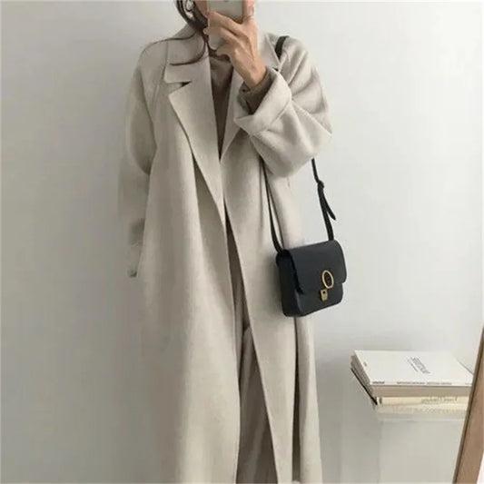Autumn Winter Warm Mid Length Wool Blend Streetwear Coat Korean Fashion Loose Belt Snow Wear Outwear All-match Cardigan Women Vests