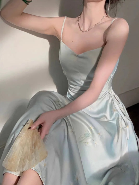 Spaghetti Strap Dress Woman Summer New Sexy Evening Party Elegant Holiday Fashion Korean Slim Clothes Satin Dresses women prom - women contemporary