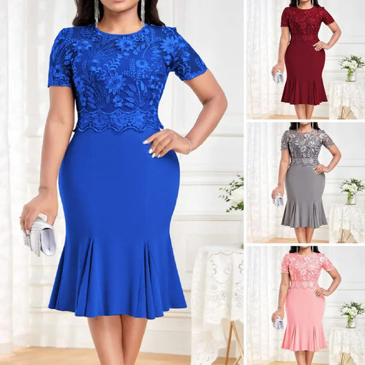 Lady Autumn Lace Splice Dress Women's Sexy O Neck Short Sleeve High Waist Fishtail Dress Elegant Party Dress Women Plus Size Cloth - Women Dress For Work - Women Prom