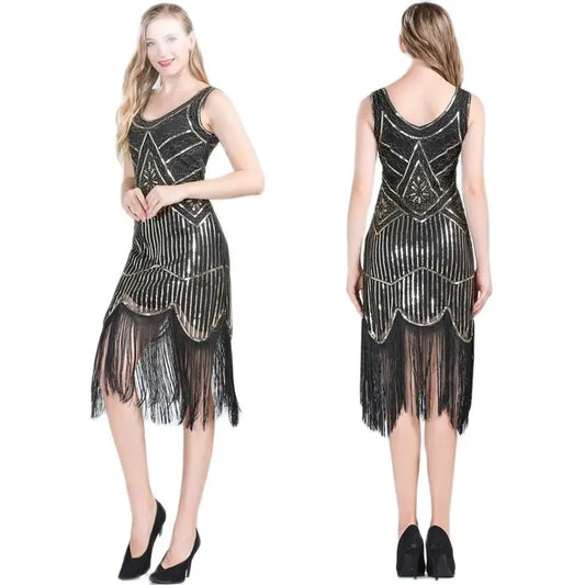 Woman Party Dress Great Gatsby Flapper Dress V Neck Sleeveless Embellished Sequin Beaded Fringe Dress Vestidos Women Tees - Women Prom