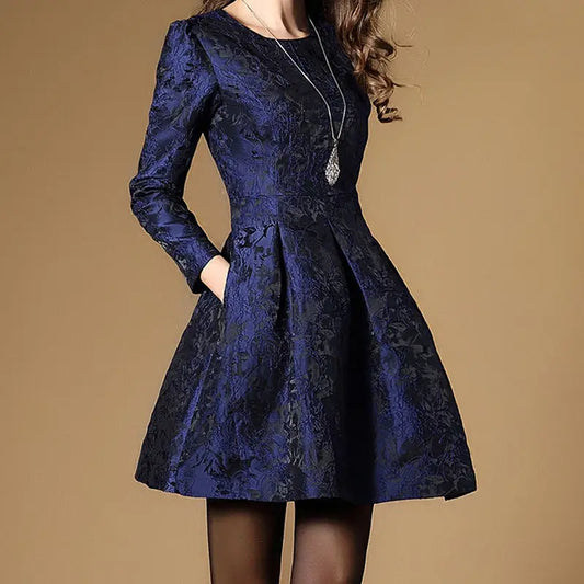 2022 New Autumn Long Sleeve Jacquard Dress Work Casual Party Slim O-neck Printing Dresses Women A-line Vintage Vestidos Spring