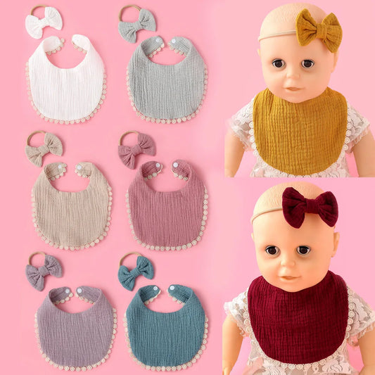 2Pcs/Set Cotton Bib Bow Headband Adjustable Button Saliva Towel Solid Color Infant Feeding Burp Soft Bibs Newborn - girl cloth - Baby Girls