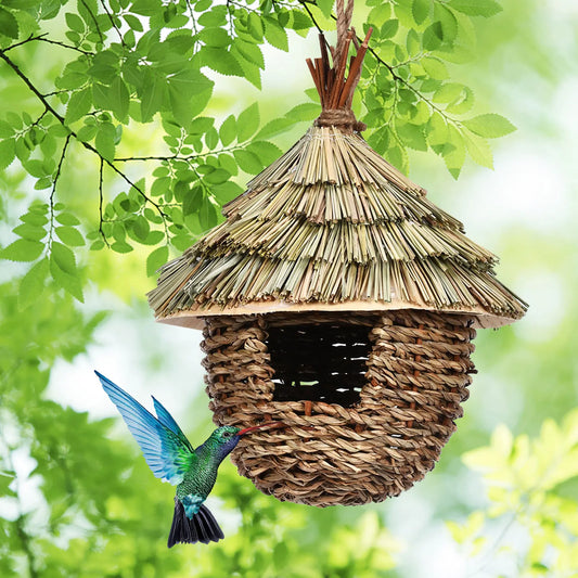 Charming Decorative Hummingbird House Hand-woven Hung Straw Nest Natural Grass Hung Bird For Garden Office Indoor Patio Lawn