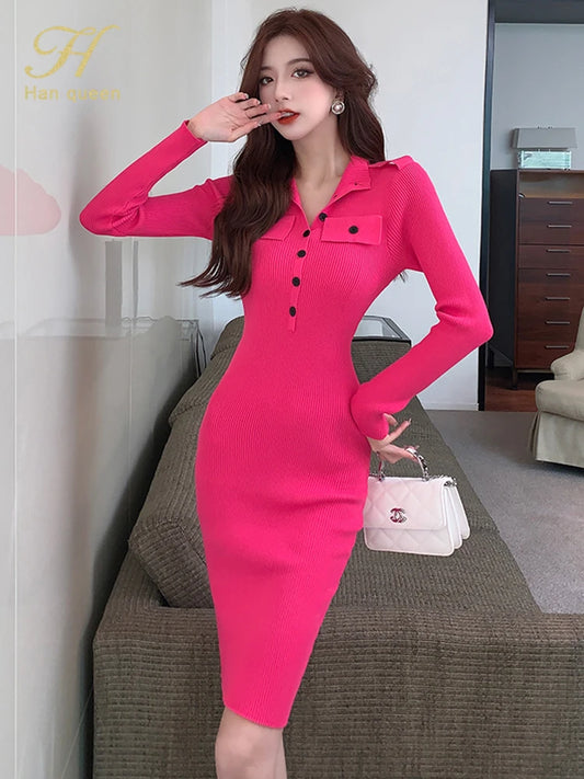 H Han Queen Autumn Winter Bottoming Office Pencil Elastic Knitted Dress Women Sheath Dresses Work Party Bodycon Vestidos