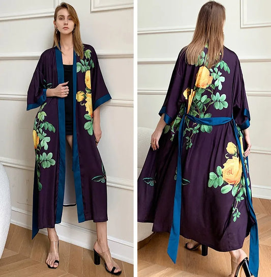 Oversize Print Pajamas Nighties Womens Kimono Gown Robe Long Sleeve Bathrobe Loose Lounge Lingerie Spring Nightwear Home Clothes