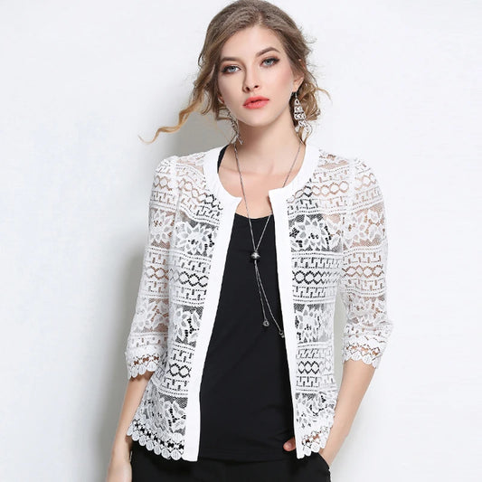 Women's Clothing Ladies White Lace Blouse Summer Cardigan Black White Crochet Sexy Female Blouses Blusas 883F Women Tops - Women Casual