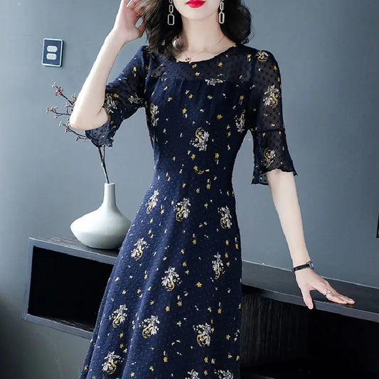 Summer Print Flare Sleeve Dress Woman Vintage Round Neck Chiffon A-Line Dresses Ladies Office Work Elegant Vestidos Plus Size Women Prom - Women Work Dress