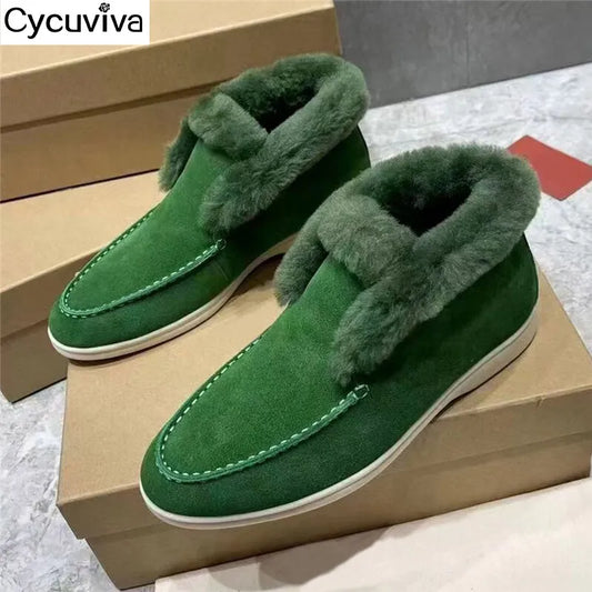 Winter Wool Snow Boots Kidsuede Platform Flat Woman Concise Slip On Boots Runway Warm Down Short Boots Femme Women Shoes