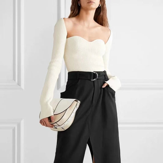 DEAT New Autumn Sexy Stylish Square Collar Full Sleeves Knitting Pullover Sexy Slim T-shirt women short - women prom - girl short