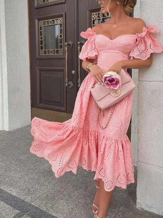 Vacation Sexy One-shoulder Polka Dot Short Trumpet Sleeve Mermaid Skirt Solid Maxi Dress Vestidos Women Homecoming
