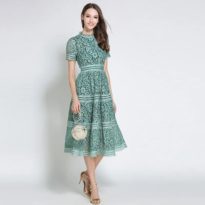 Summer Woman High-Quality Elegant Slim Hollow Out A-line Lace Midi Dress green white pink Women Casual