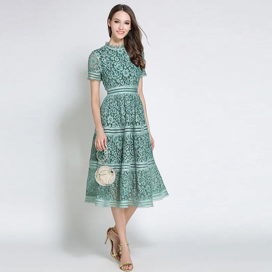 Summer Women High-Quality Elegant Slim Hollow Out A-line Lace Midi Dress vestidos green white pink Women Casual