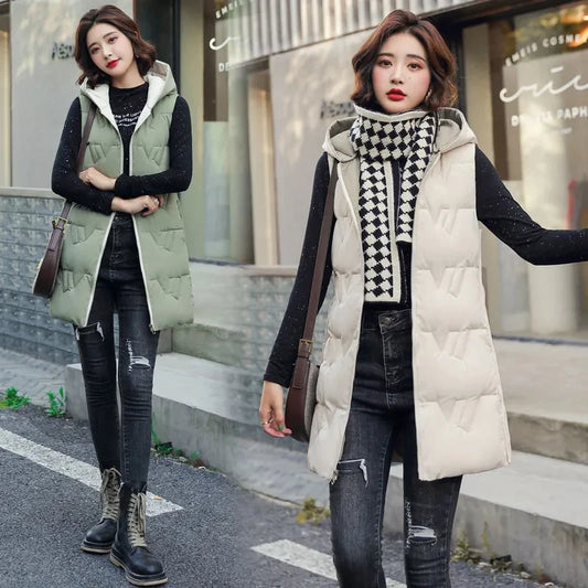 Double Side Korean Slim Hooded Down Cotton Sleeveless Autumn Winter Women Jackets