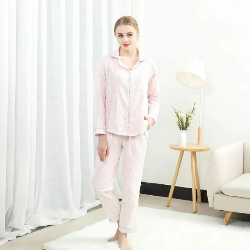 Sleepwear Women's Cotton Home Suit Pajamas Winter Long Sleeve Stripe Pyjama Female Casual Women Lounge Set Dropshipping