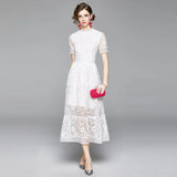 Summer Woman High-Quality Elegant Slim Hollow Out A-line Lace Midi Dress green white pink Women Casual