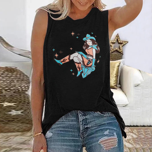 Beautiful Girl Print Sleeveless Woman T-shirt New Summer Loose Cartoon Tee Shirt Femme Round Neck Top Clothes Women Tops - Women Casual