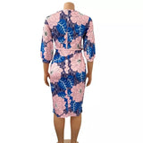 Woman Bodycon Printed Dress Three Quarter Sleeves Midi Ladies Wear Elegant Classy Vestidos African Female Women Dress For Work - Women Plus Size Clothing