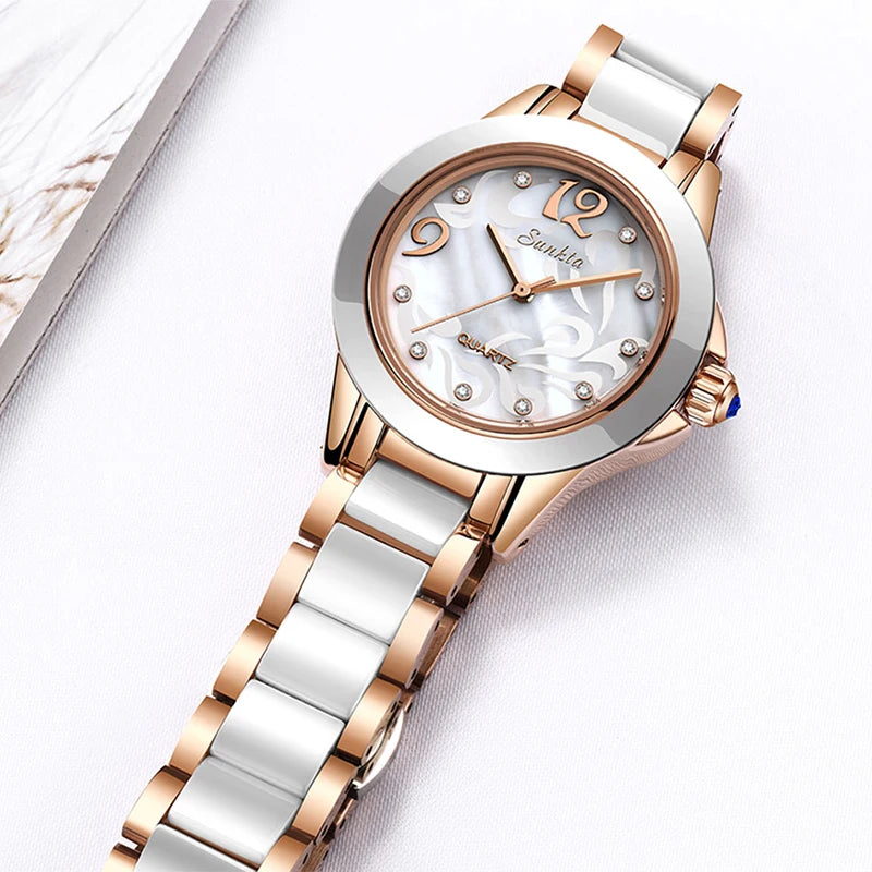 SUNKTA Luxury Crystal Waterproof Rose Gold Top Brand Bracelet Clock Gift Relogio women watch