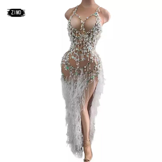 Tassel Crystal Mesh long Dress sexy High Split Evening Party Club Dresses for women's wedding Singer Prom Birthday stage costume women prom