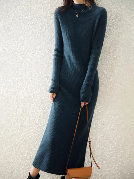 LONGING Woman Knitted Dress 100% Wool Sweater Dress Autumn Winter Slim Knit Maxi Long Sweater Dress Lady Pullover Dresses Solid Women Prom