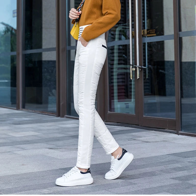 Winter Warm Duck Down Pants Korean Fashion Striped White Down Thicken Woman Slim High Waist Cotton Stretch Pencil Pants Women Trousers - Women Legging