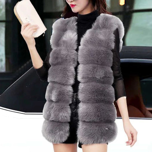 Autumn Winter Faux Fur Coat Women  Thick Warm Fur Elegant Sleeveless Long Vest Woman Casual Slim Luxury Thick Warm Fur Women Jacket