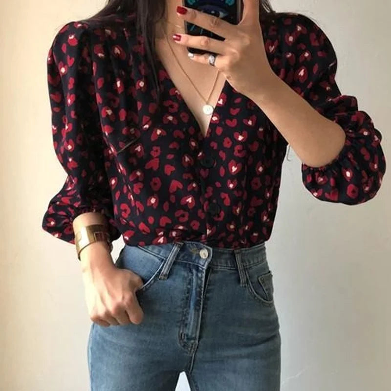 Shirt Woman Vintage Printed V-neck Sexy Korean Style Top Sweet Lantern Sleeve Retro Chic All-match Spring Autumn Single-Breasted Women Tops